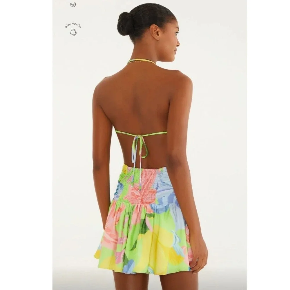 Farm Rio Love of Flower Short Dress Neon Floral Draped Cowl Neck Open Back Sz S - Picture 3 of 16